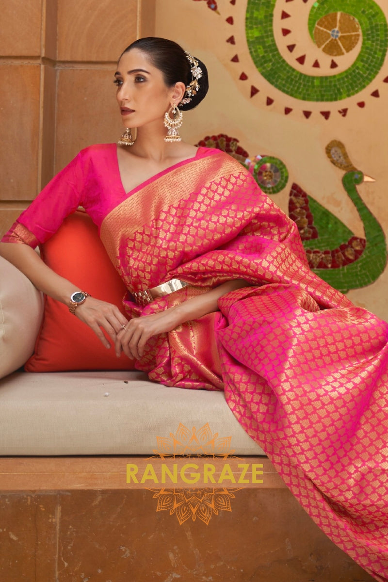 Rose Pink Zari Woven Kanjivaram Silk Saree