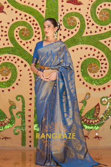 Royal Blue And Golden Zari Woven Kanjivaram Silk Saree