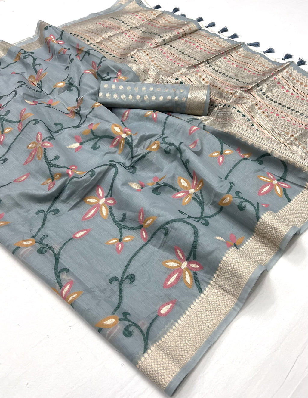 Slate Grey Woven Jamdani Cotton Silk Saree