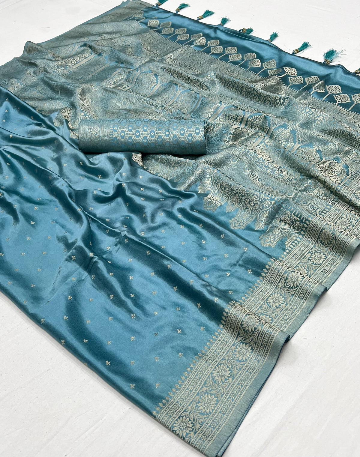 Allure Blue Woven Satin Silk Saree With Brocade Blouse