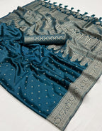 Mineral Blue Woven Satin Silk Saree With Brocade Blouse
