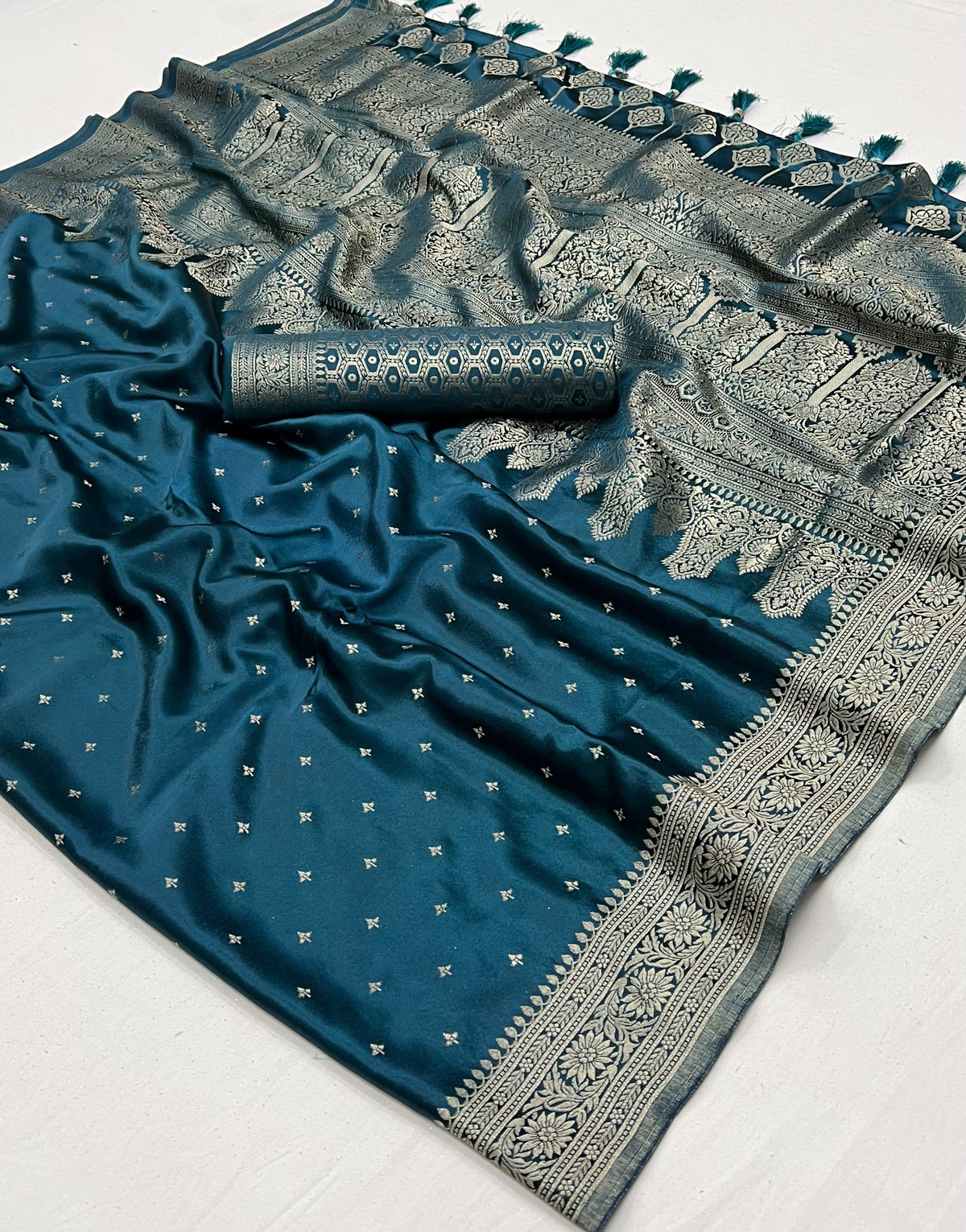 Mineral Blue Woven Satin Silk Saree With Brocade Blouse