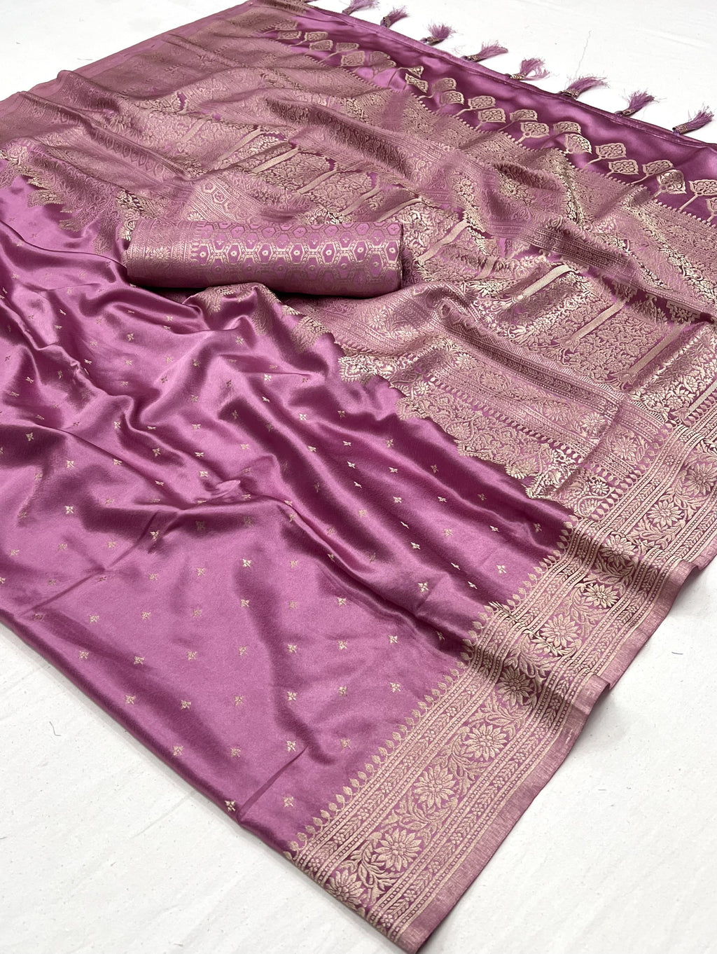 Lavender Purple Woven Satin Silk Saree With Brocade Blouse