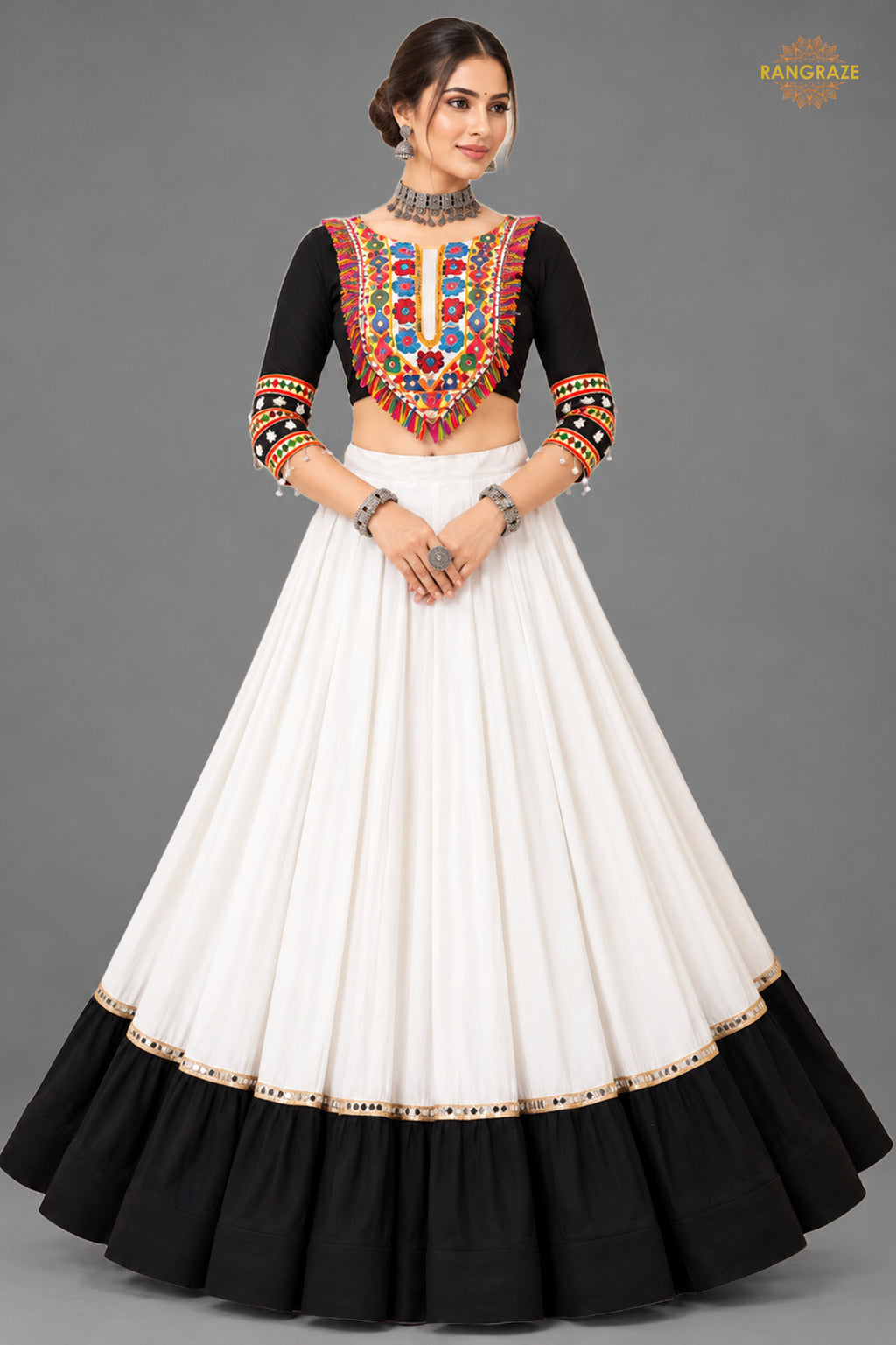 White And Black Stitched Embroidered Rayon Cotton Lehenga Choli Set