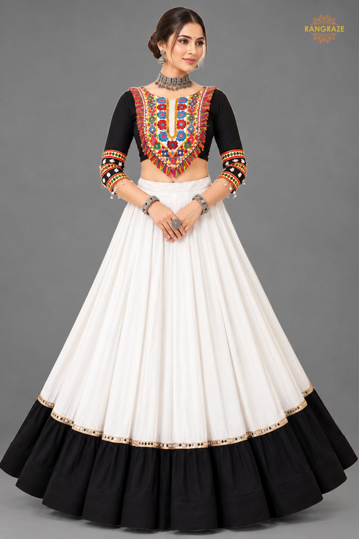 White And Black Stitched Embroidered Rayon Cotton Lehenga Choli Set