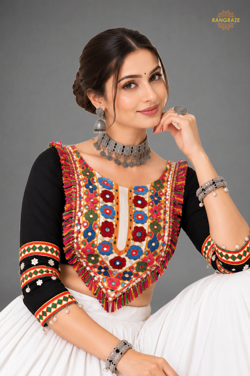 White And Black Stitched Embroidered Rayon Cotton Lehenga Choli Set