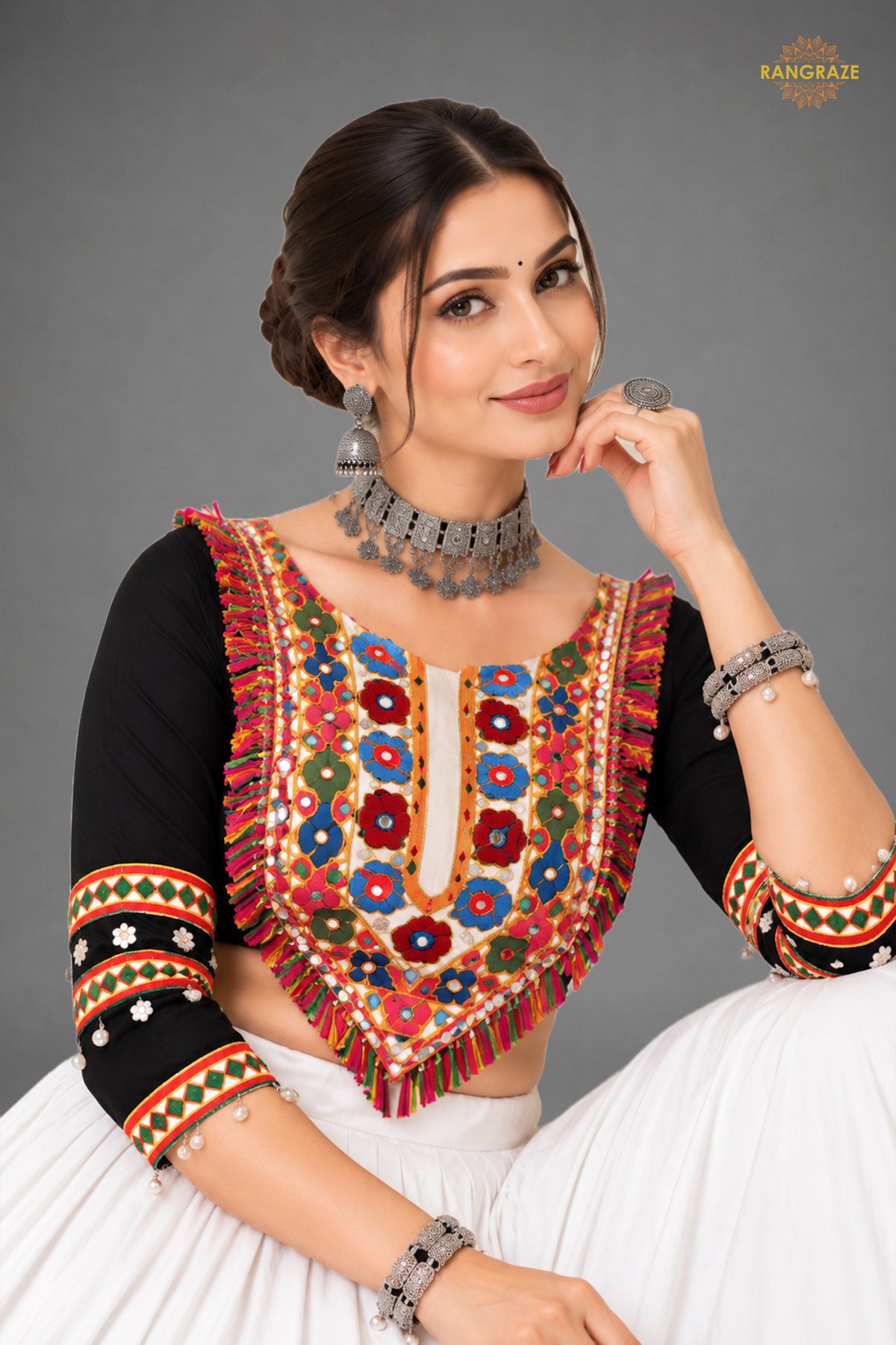 White And Black Stitched Embroidered Rayon Cotton Lehenga Choli Set