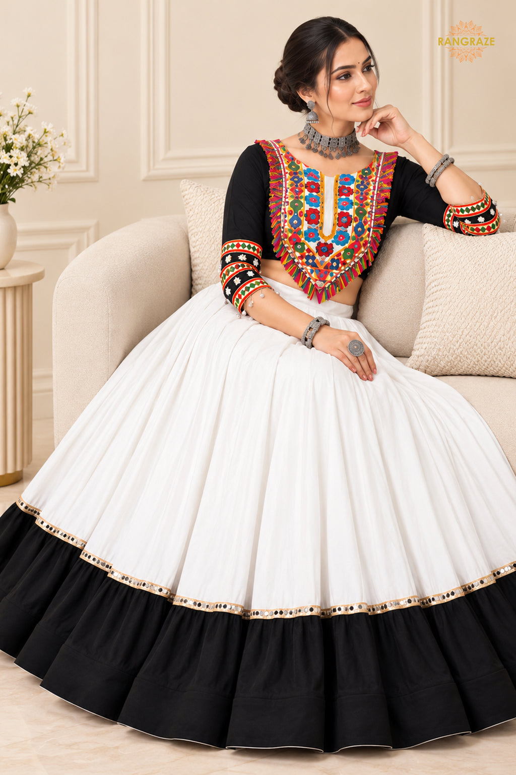 White And Black Stitched Embroidered Rayon Cotton Lehenga Choli Set