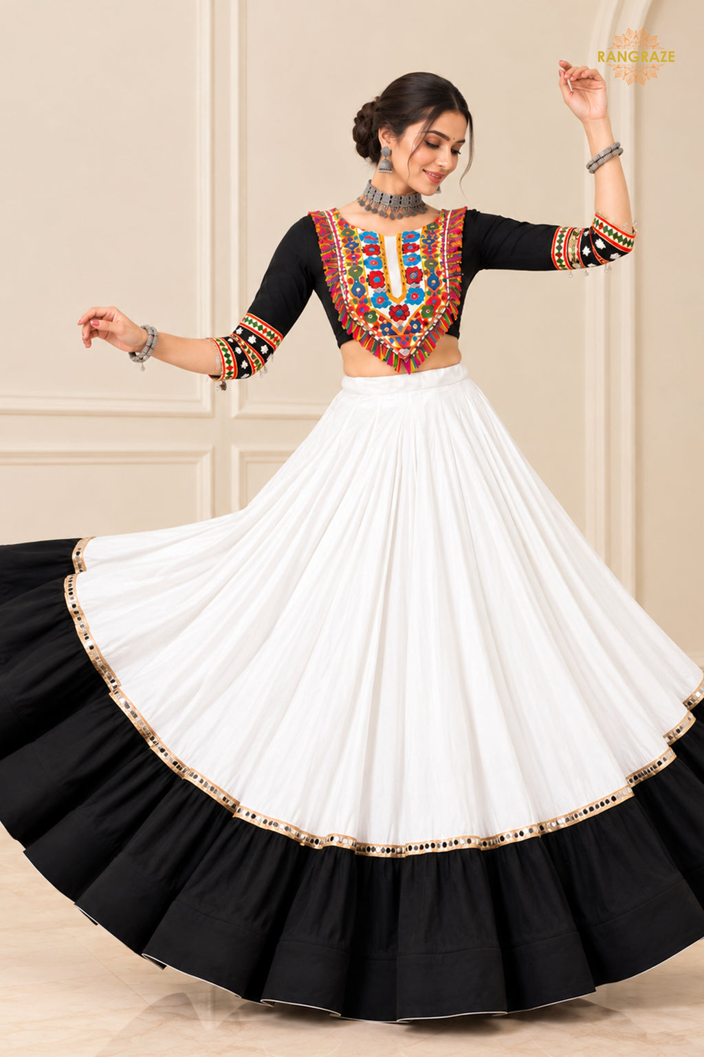 White And Black Stitched Embroidered Rayon Cotton Lehenga Choli Set