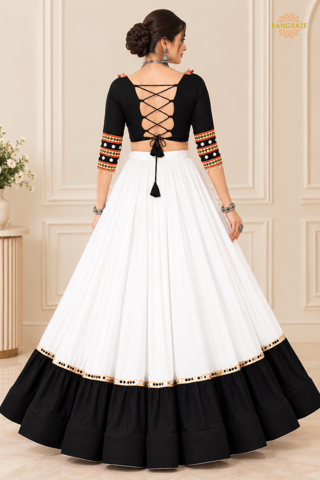 White And Black Stitched Embroidered Rayon Cotton Lehenga Choli Set