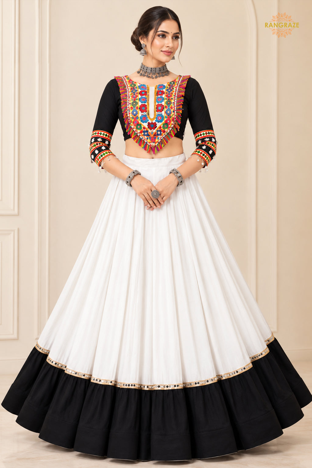 White And Black Stitched Embroidered Rayon Cotton Lehenga Choli Set