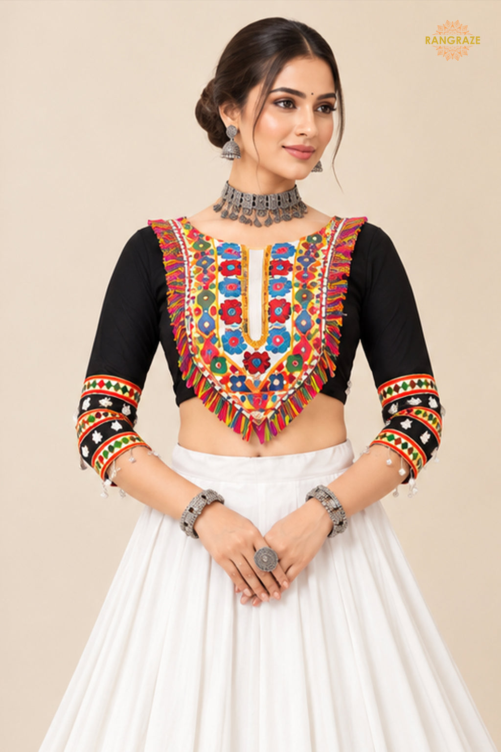 White And Black Stitched Embroidered Rayon Cotton Lehenga Choli Set