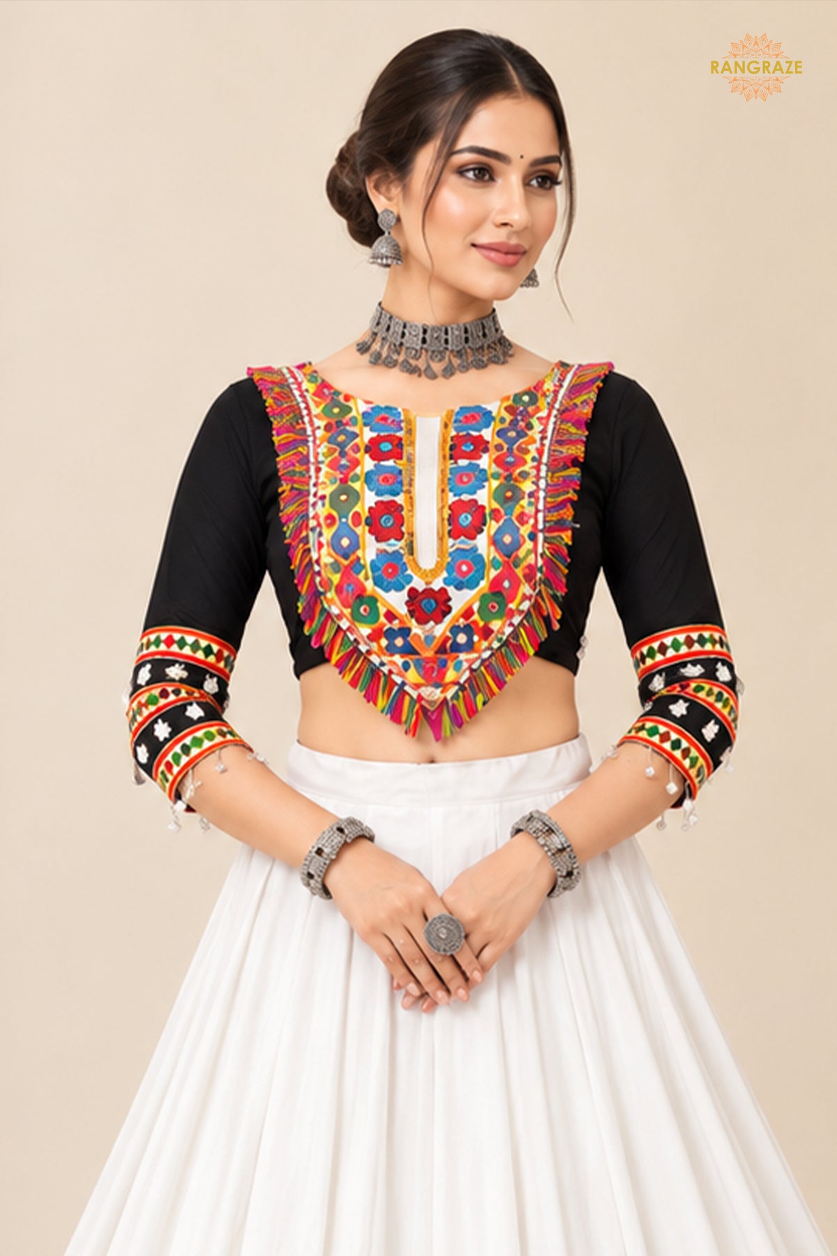 White And Black Stitched Embroidered Rayon Cotton Lehenga Choli Set