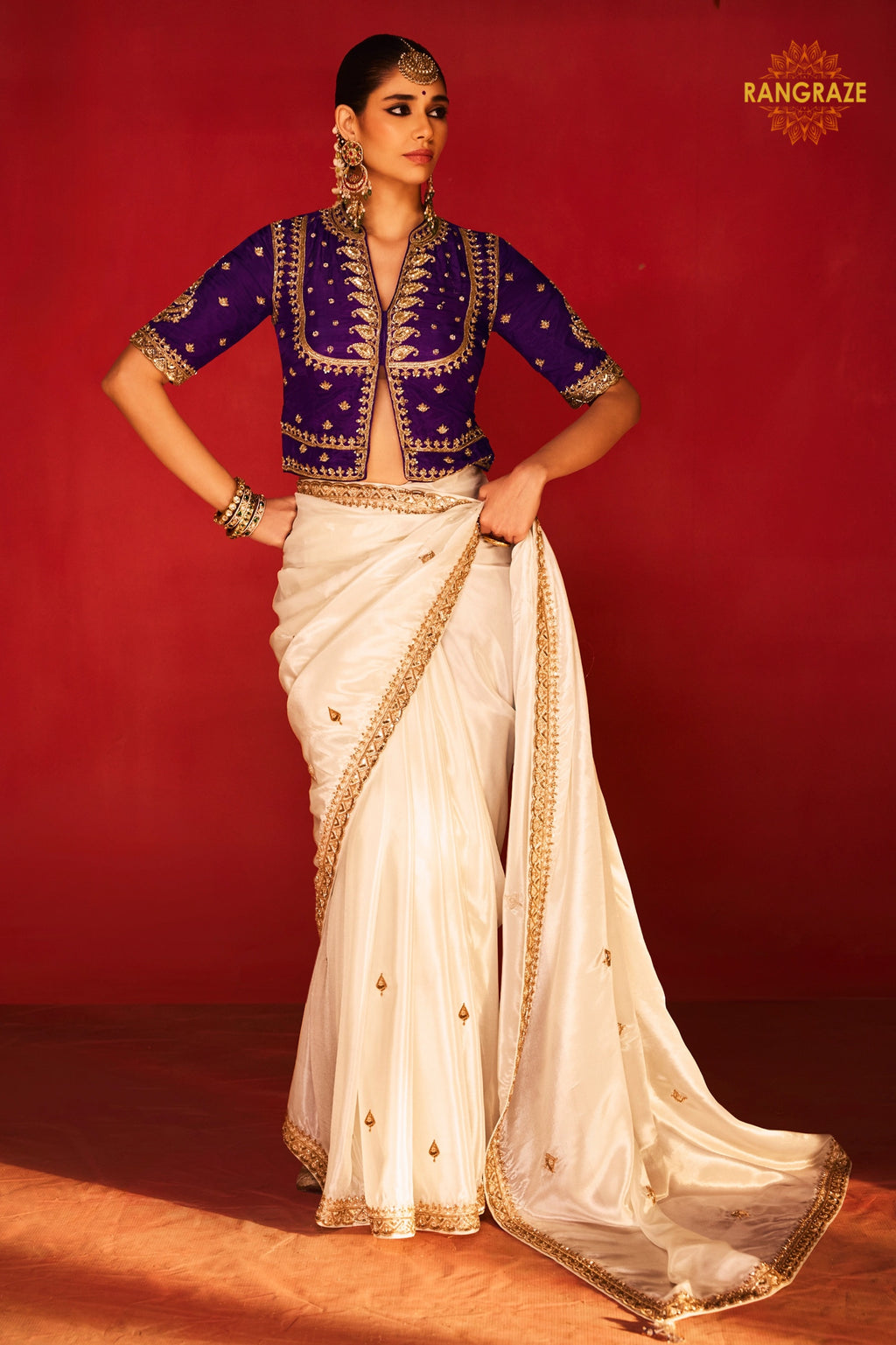 White Embroidered Silk Saree With Designer Border