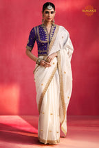 White Embroidered Silk Saree With Designer Border