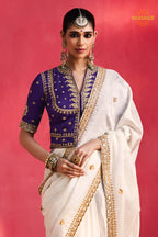 White Embroidered Silk Saree With Designer Border