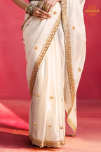 White Embroidered Silk Saree With Designer Border