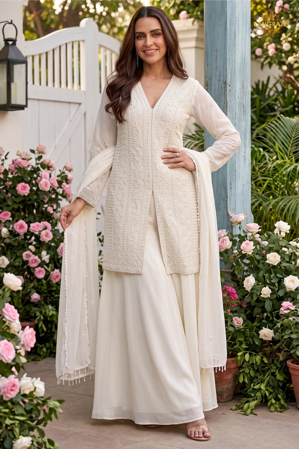 White Readymade Bead Work Chinon Palazzo Suit