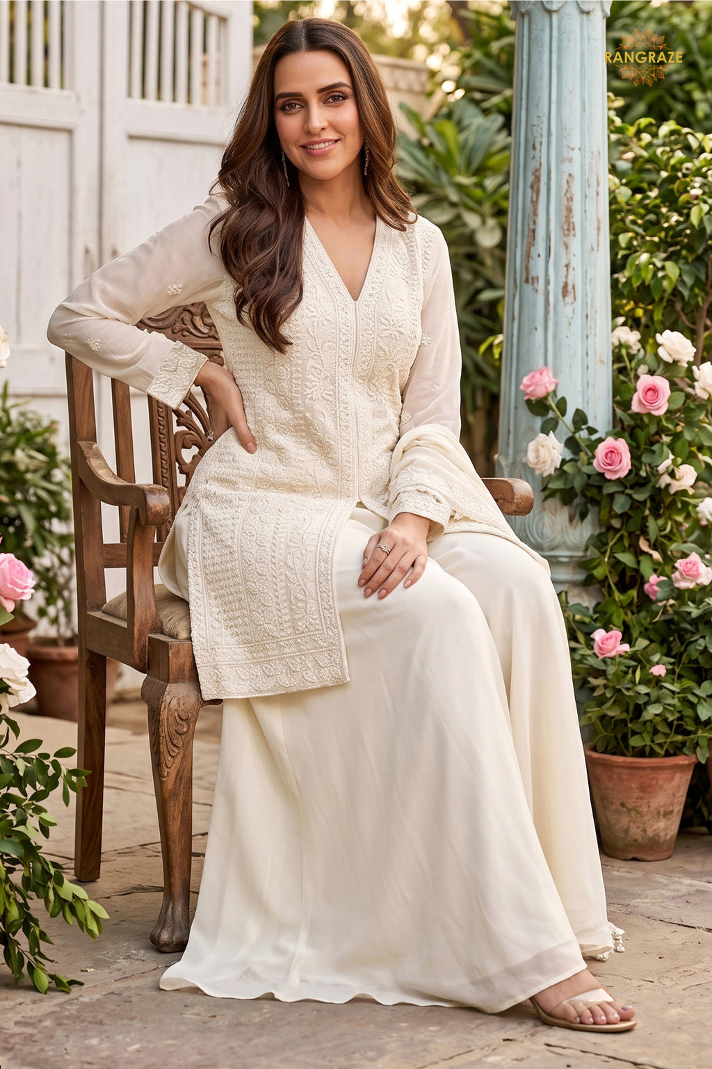 White Readymade Bead Work Chinon Palazzo Suit