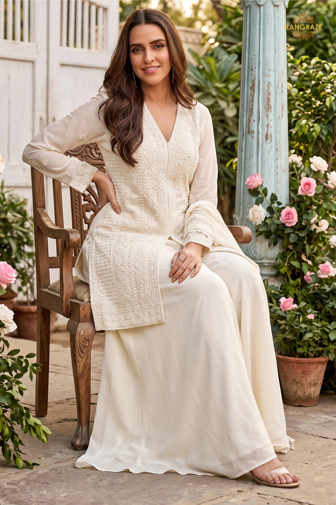 White Readymade Bead Work Chinon Palazzo Suit