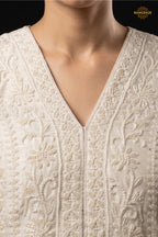 White Readymade Bead Work Chinon Palazzo Suit