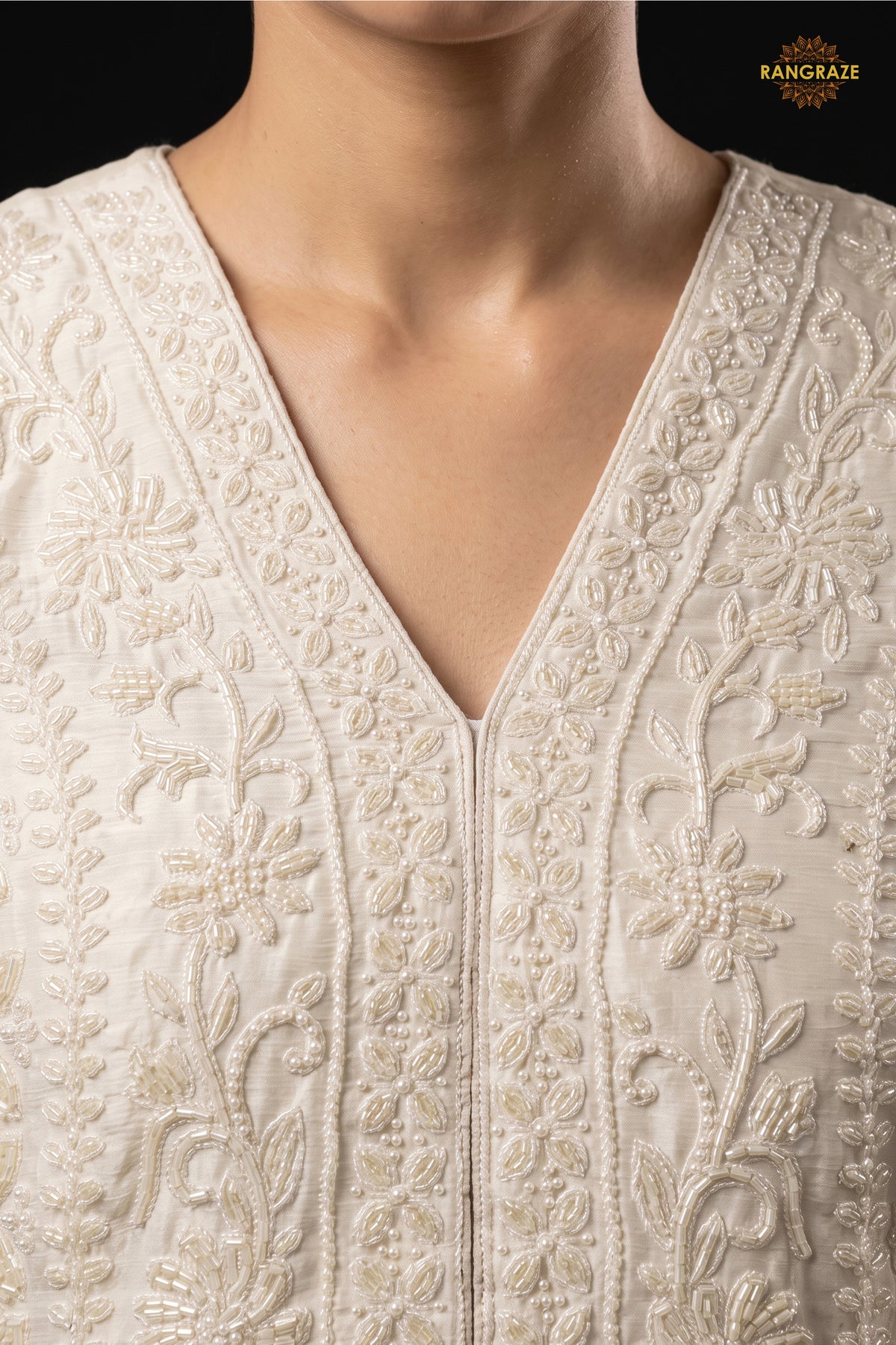 White Readymade Bead Work Chinon Palazzo Suit
