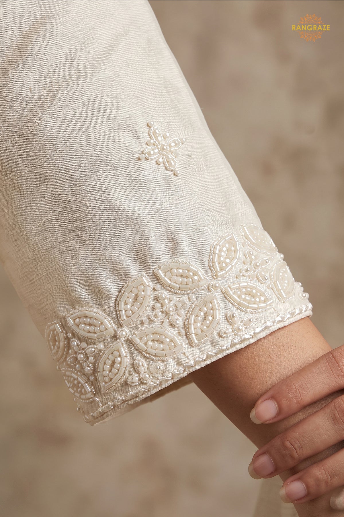 White Readymade Bead Work Chinon Palazzo Suit