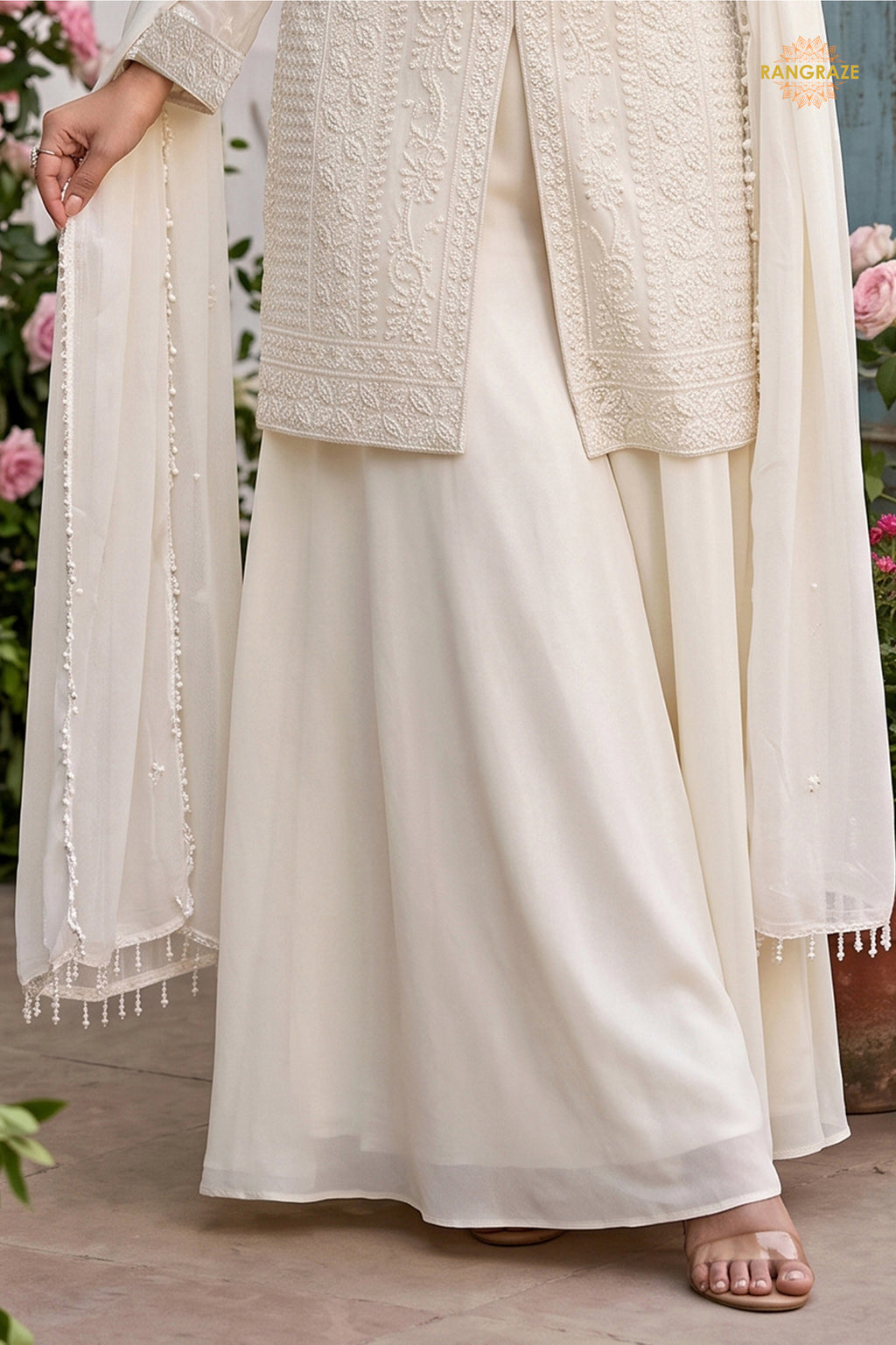 White Readymade Bead Work Chinon Palazzo Suit