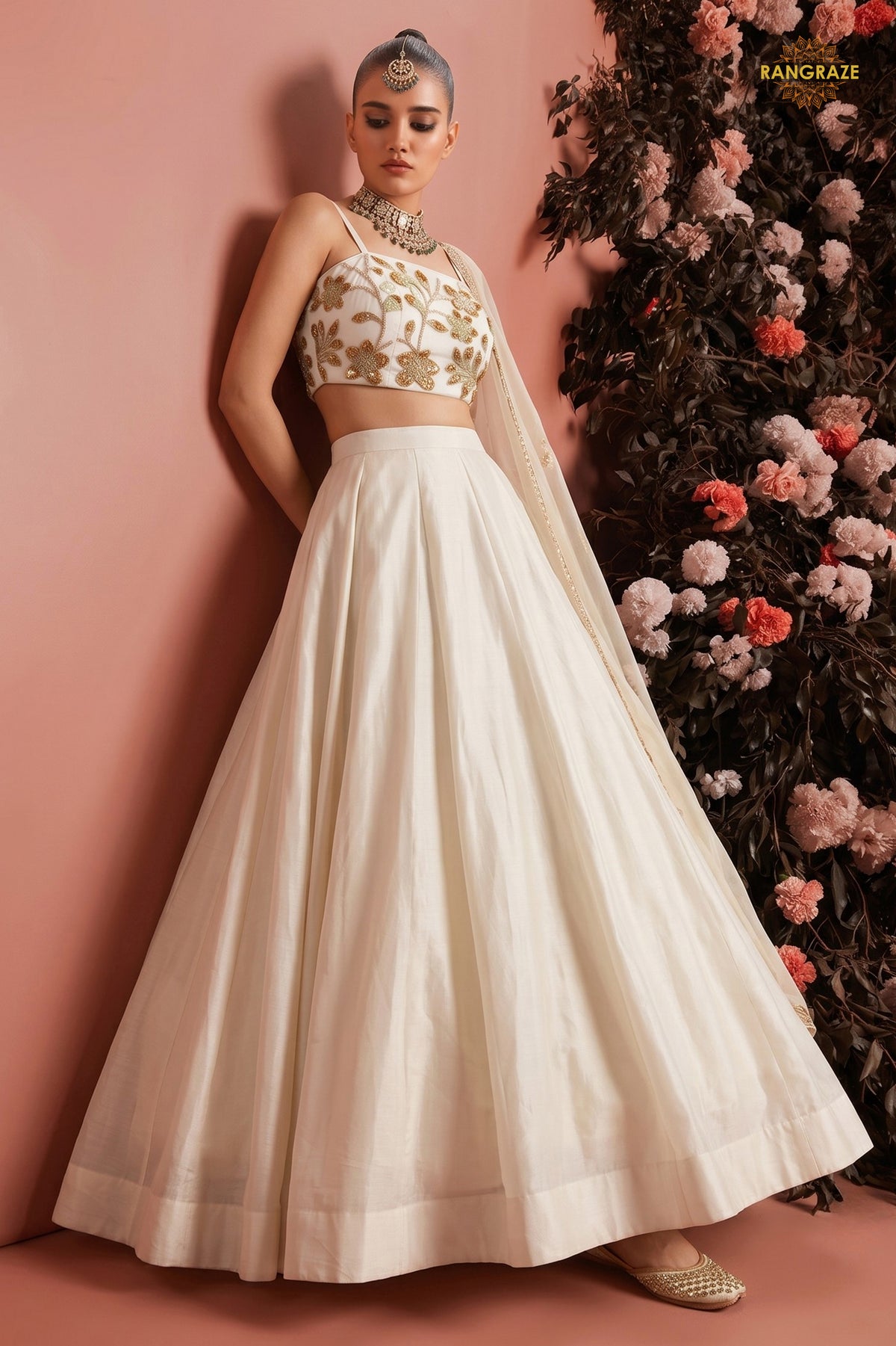 White Stitched Bead Work Silk Lehenga