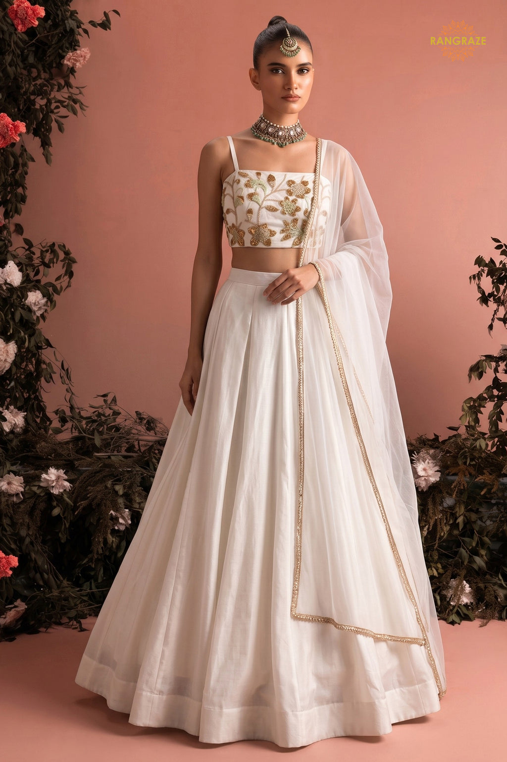 White Stitched Bead Work Silk Lehenga