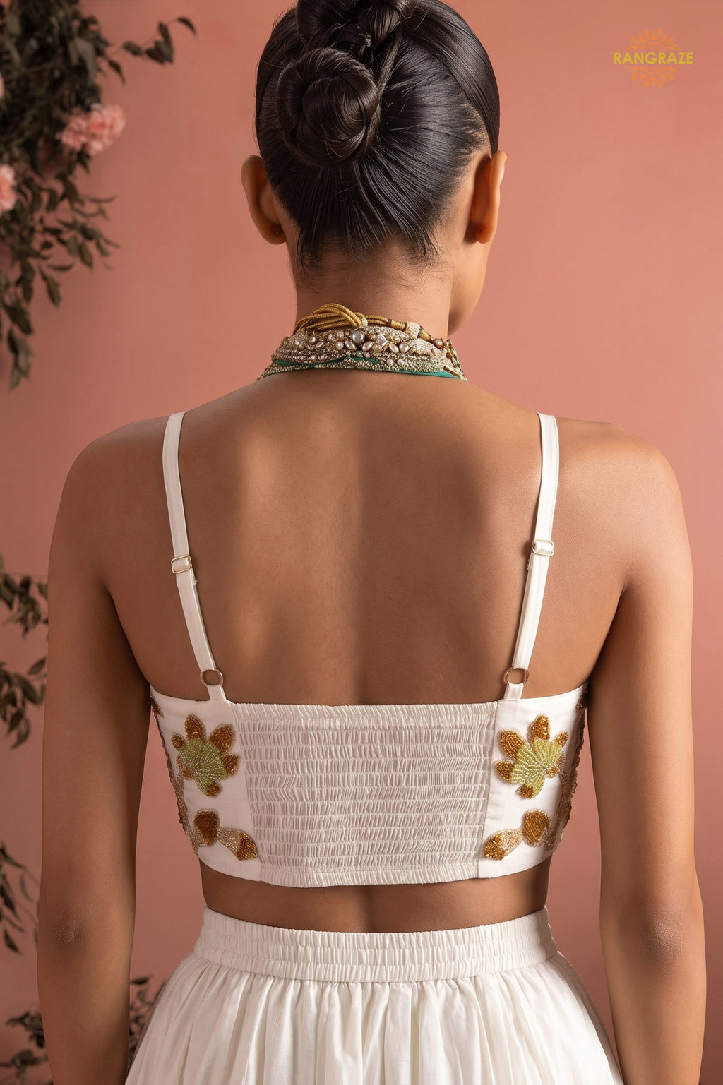 White Stitched Bead Work Silk Lehenga