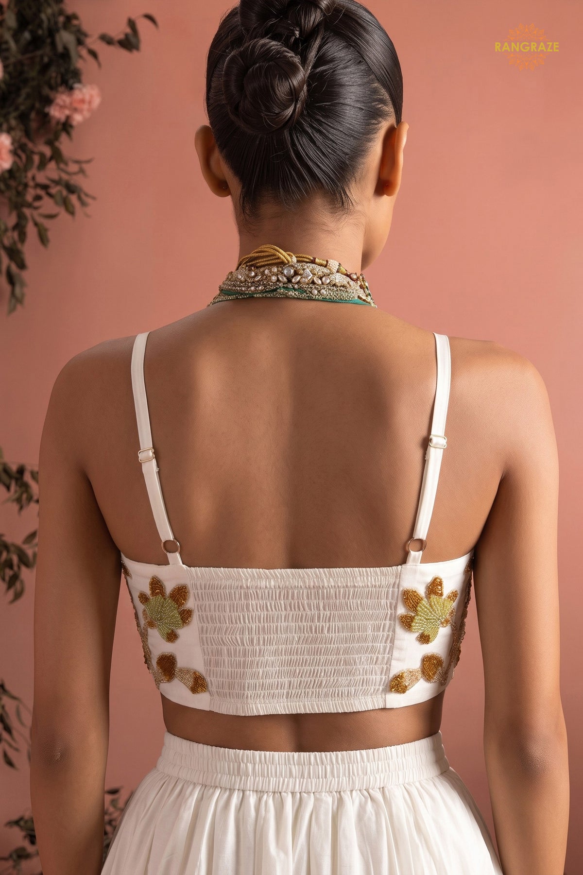 White Stitched Bead Work Silk Lehenga