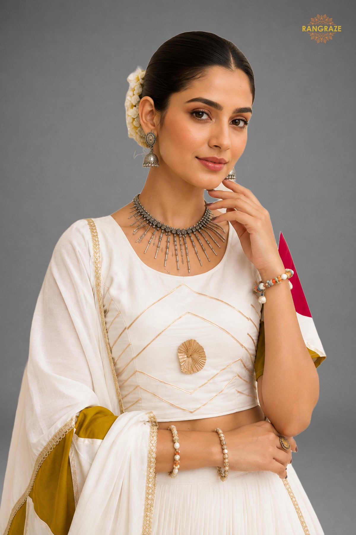 White Stitched Printed Cotton Lehenga