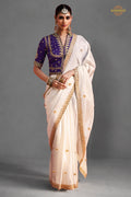 White Embroidered Silk Saree With Designer Border