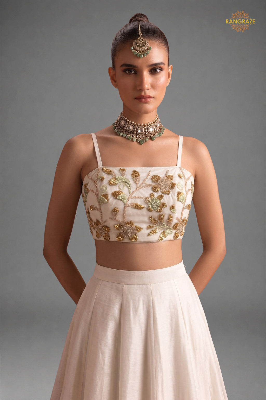 White Stitched Bead Work Silk Lehenga
