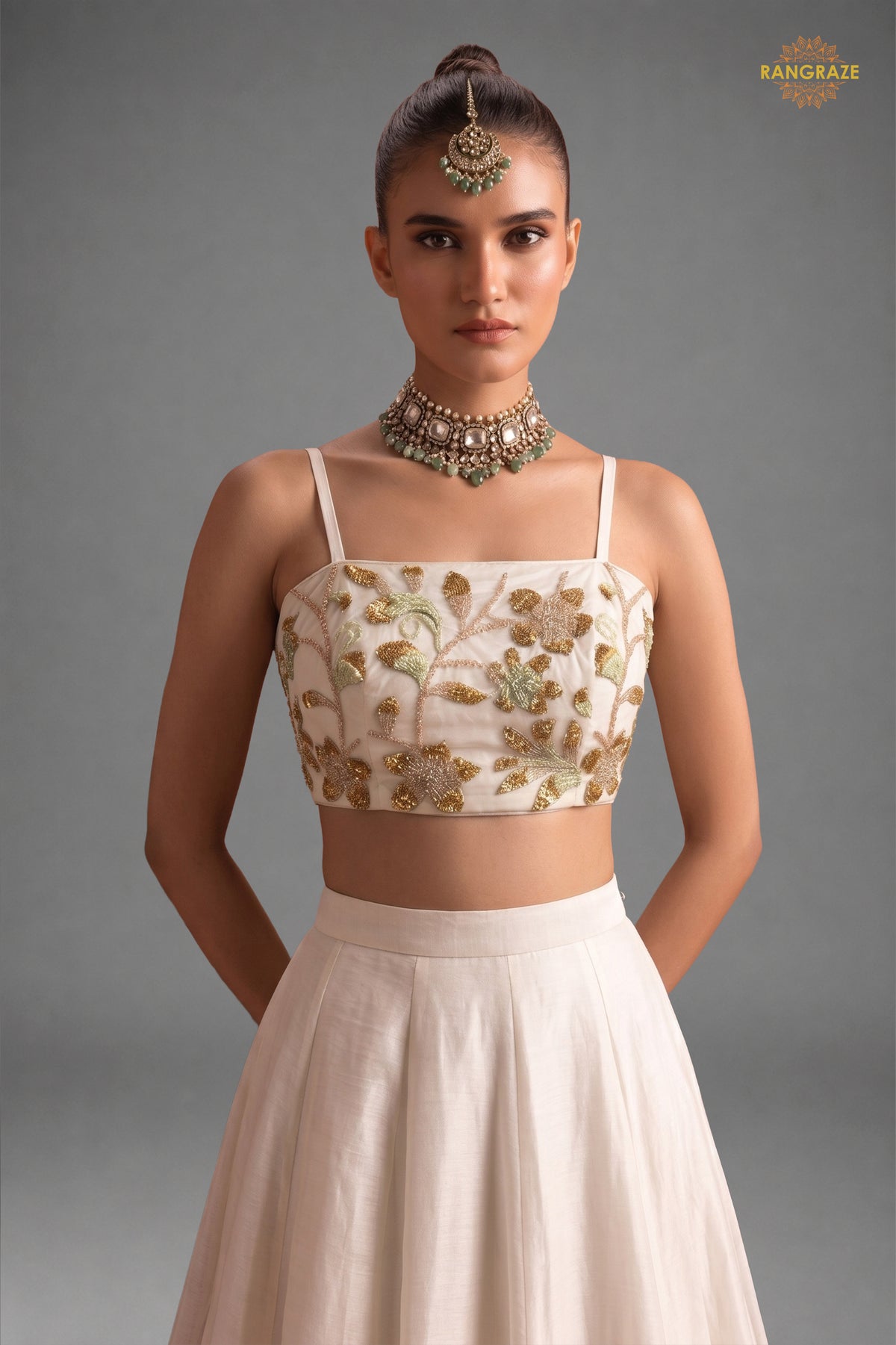 White Stitched Bead Work Silk Lehenga