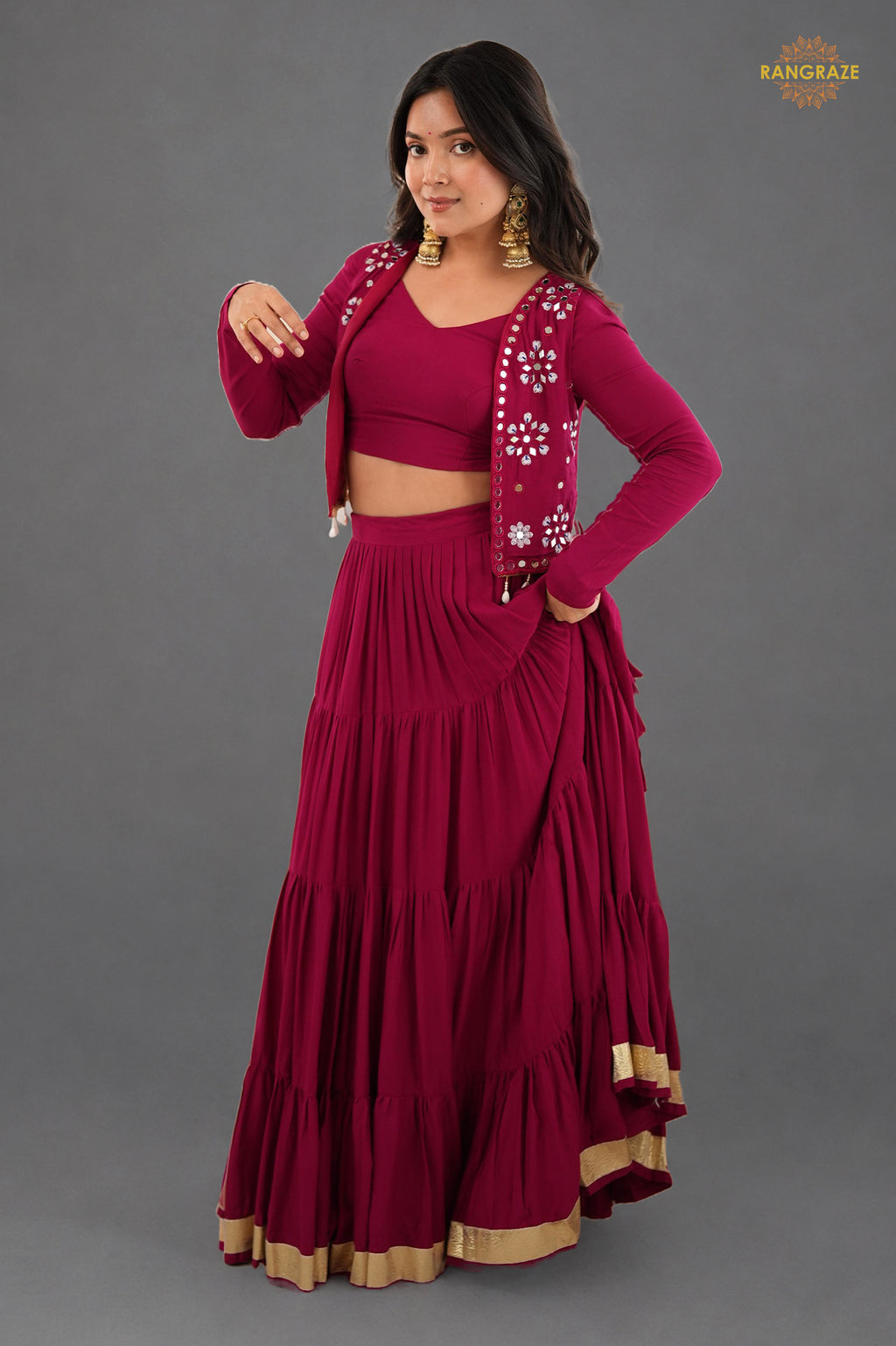 Wine Maroon Semi-Stitched Rayon Lehenga Set