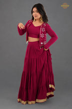 Wine Maroon Semi-Stitched Rayon Lehenga Set