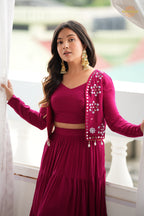 Wine Maroon Semi-Stitched Rayon Lehenga Set