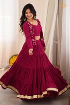 Wine Maroon Semi-Stitched Rayon Lehenga Set