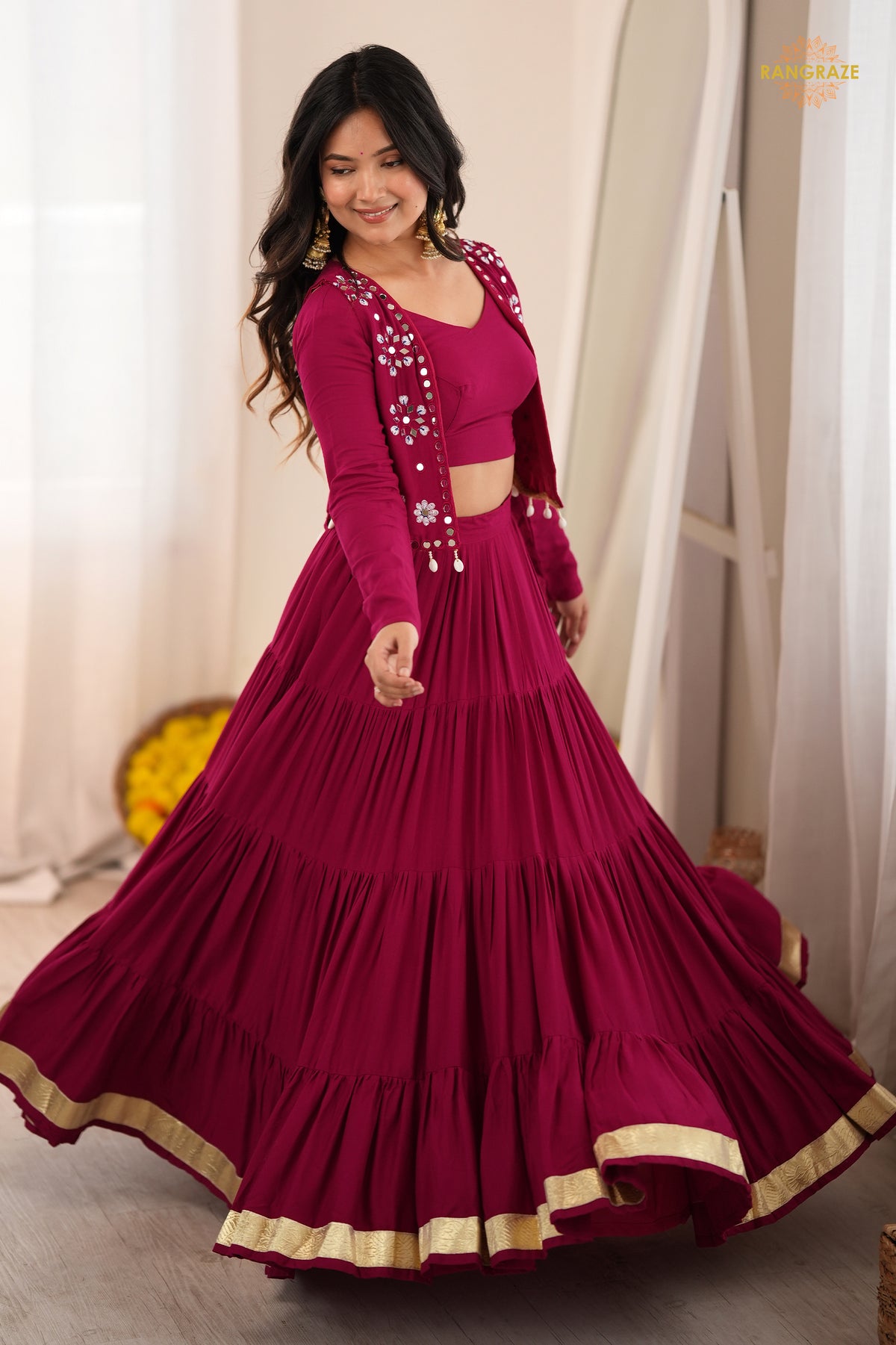 Wine Maroon Semi-Stitched Rayon Lehenga Set