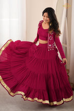 Wine Maroon Semi-Stitched Rayon Lehenga Set