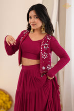 Wine Maroon Semi-Stitched Rayon Lehenga Set