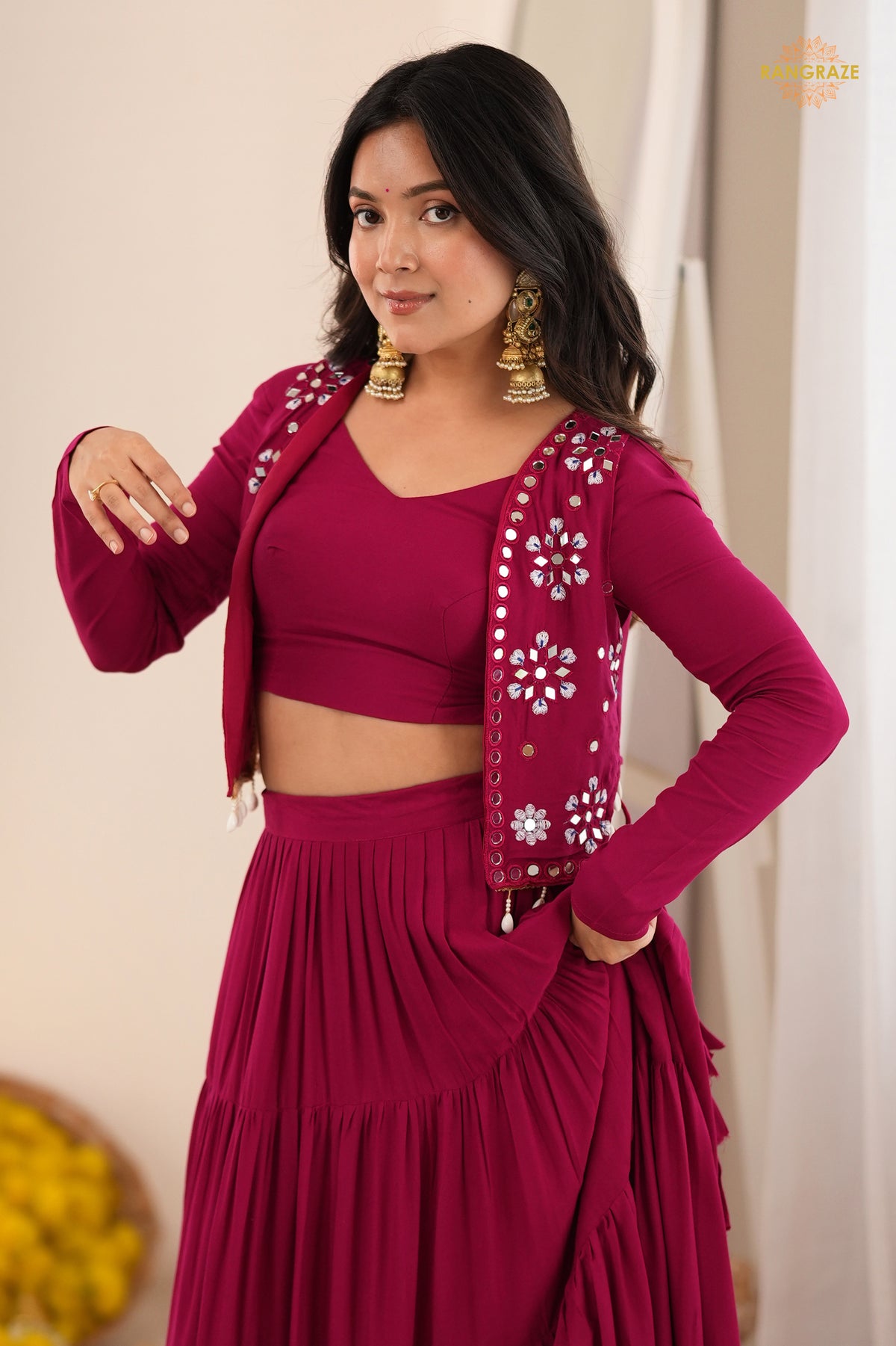 Wine Maroon Semi-Stitched Rayon Lehenga Set