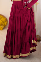 Wine Maroon Semi-Stitched Rayon Lehenga Set