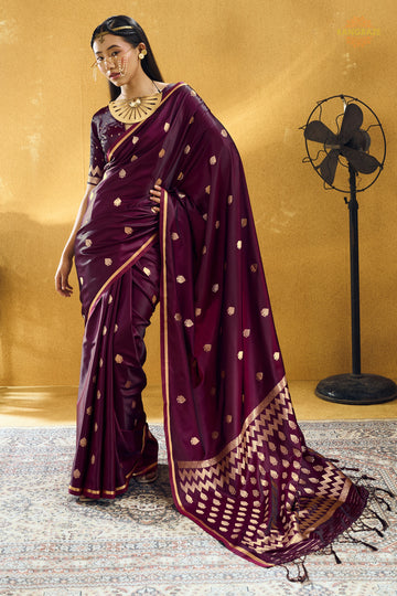 Wine Satin Silk Banarasi Saree with Woven Zari Buttas