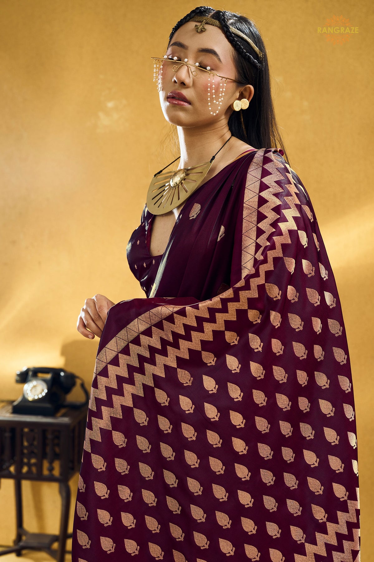 Wine Satin Silk Banarasi Saree with Woven Zari Buttas
