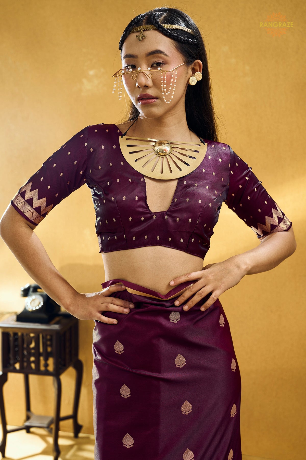 Wine Satin Silk Banarasi Saree with Woven Zari Buttas