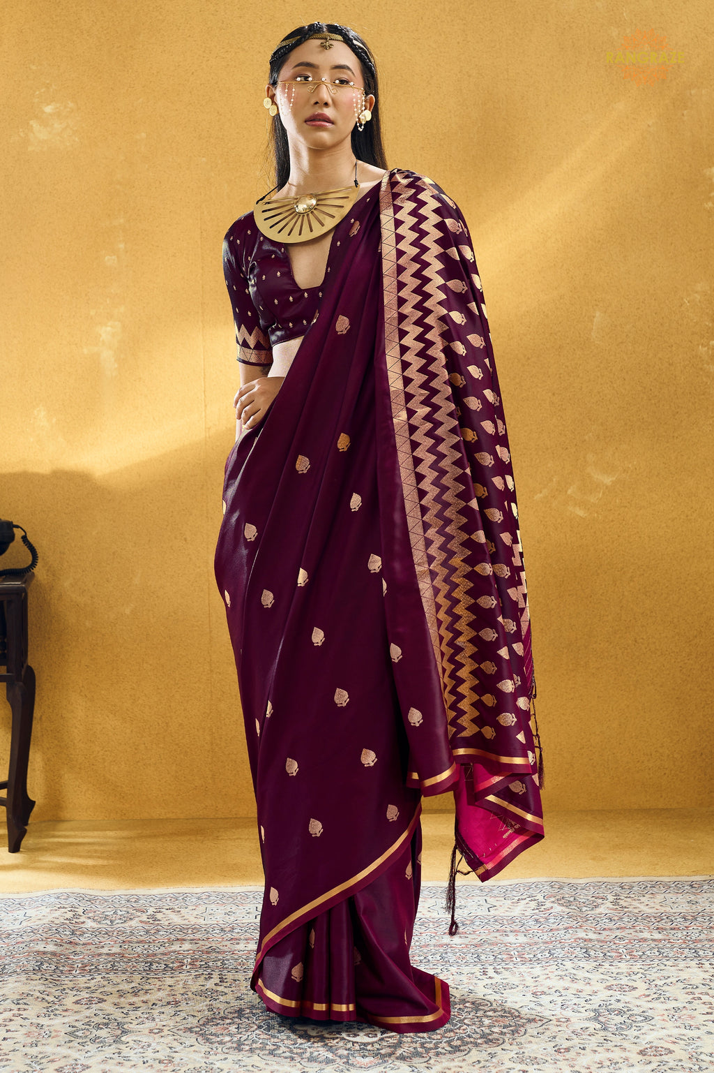 Wine Satin Silk Banarasi Saree with Woven Zari Buttas