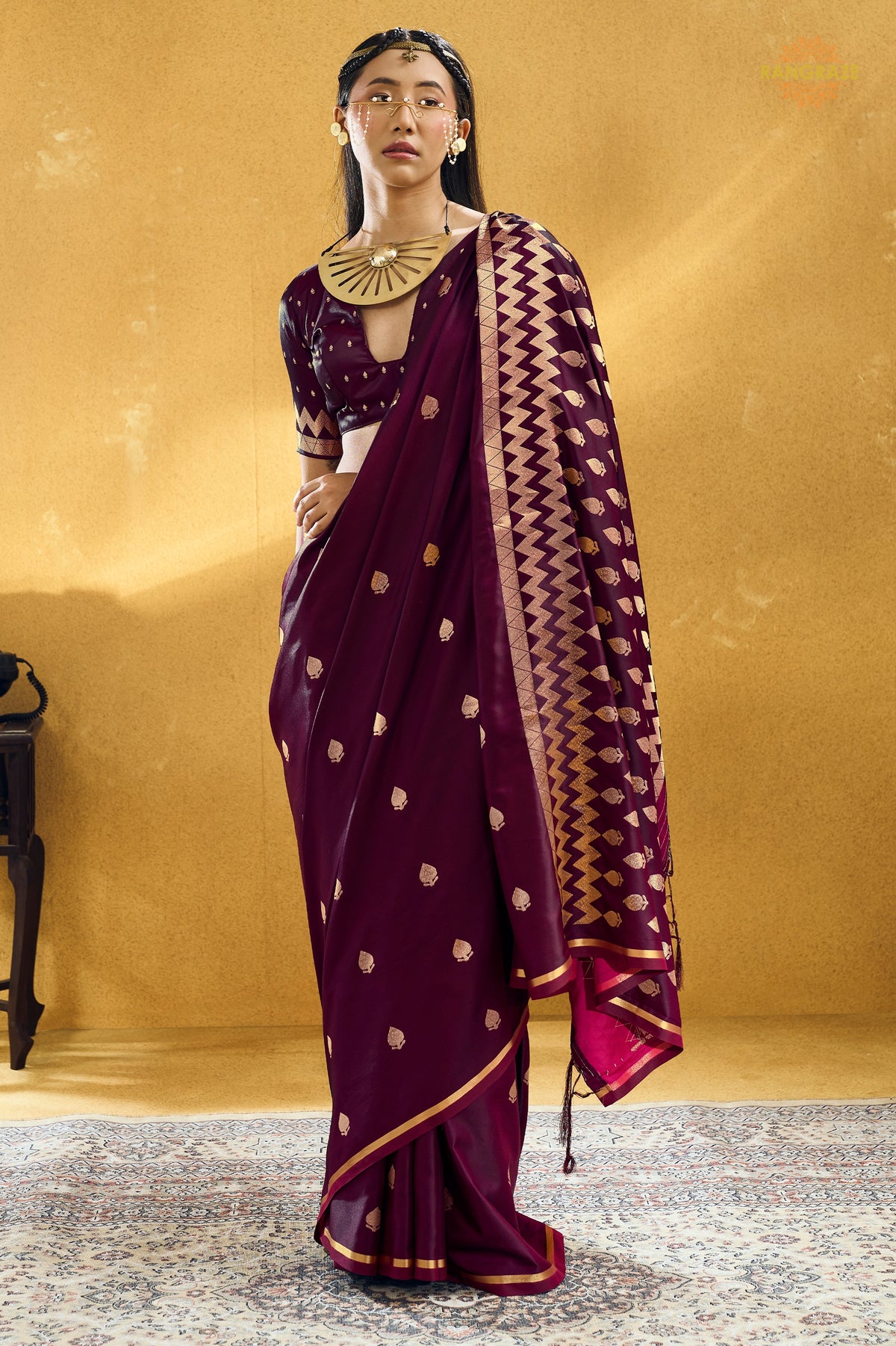 Wine Satin Silk Banarasi Saree with Woven Zari Buttas